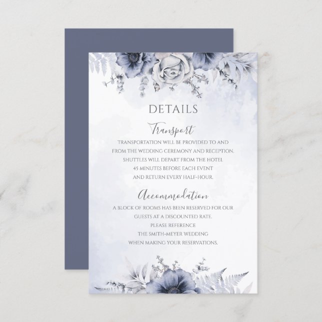 Cartão De Informações Detalhes do Casamento Floral de Dusty Blue Waterco (Frente/Verso)