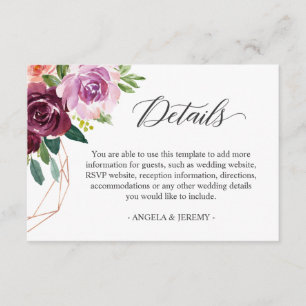 Cartão De Informações Detalhes do Casamento Floral de Mulberry Lilac Pur
