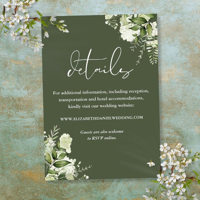 Cartão De Informações Detalhes Do Casamento Floral De Olive Green (Olive Green Greenery Floral Wedding Details Enclosure Card)