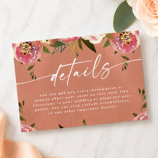 Cartão De Informações Detalhes do Casamento Floral de Pêssego Rústico Ch