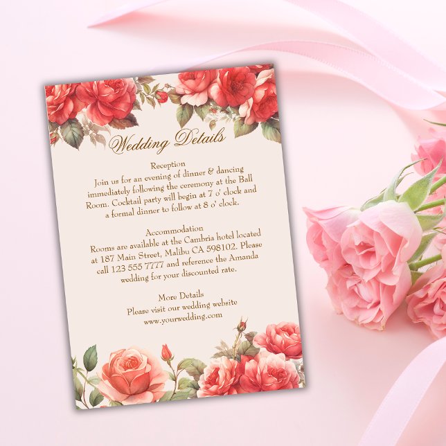 Cartão De Informações Detalhes do Casamento Floral de Rosas de Aquarela  (Criador carregado)
