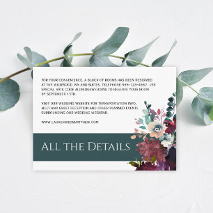 Cartão De Informações Detalhes do Casamento Floral de Teal e Vinho Luxuo