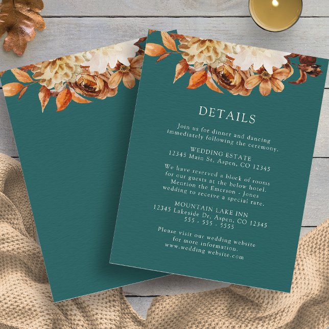 Cartão De Informações Detalhes do Casamento Floral de Teracotta e Queda  (Teal Fall Terracotta Floral Wedding Details Enclosure Card by Painted Paperie
)