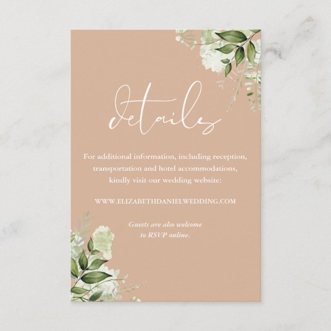 Cartão De Informações Detalhes do Casamento Floral de Verde Oliva (Frente)