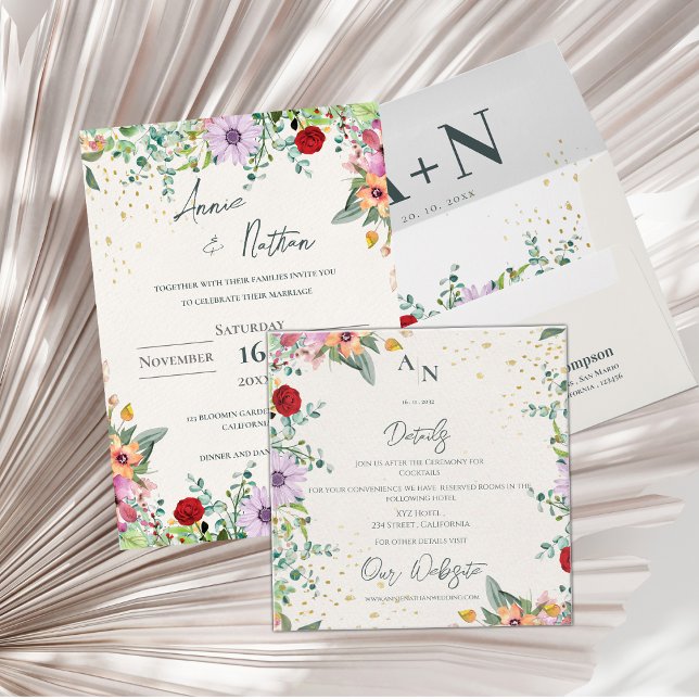 Cartão De Informações Detalhes do Casamento Floral do Monograma de Flor  (Elegant Wildflower Monogram Floral Wedding Details Enclosure Card)