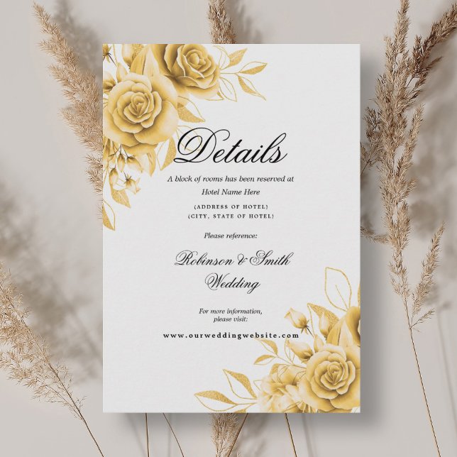 Cartão De Informações Detalhes do Casamento Floral Dourado Romântico (Romantic Floral Gold Wedding Details Enclosure Card)