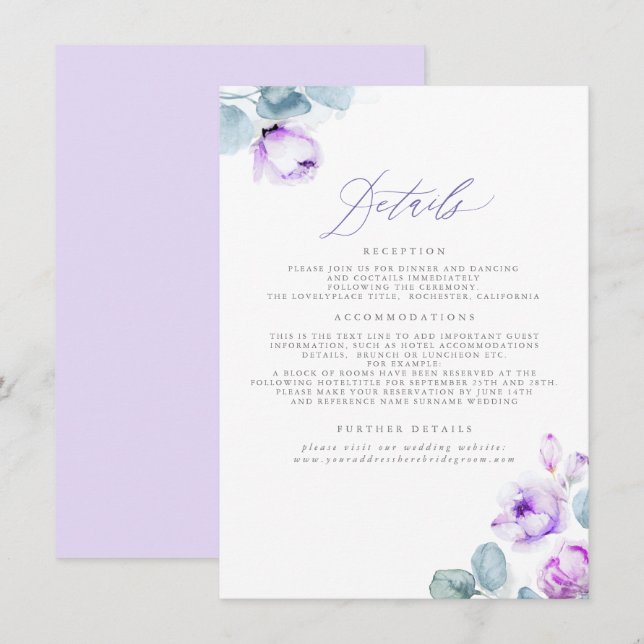 Cartão De Informações Detalhes do Casamento Floral Dusty Purple (Frente/Verso)