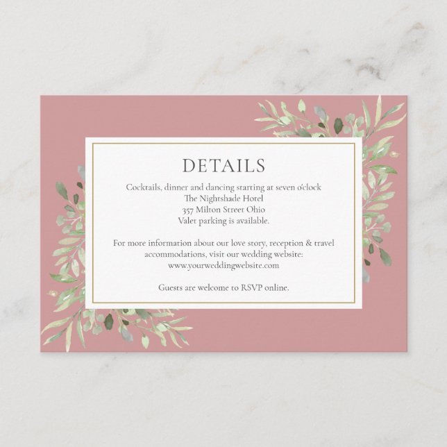 Cartão De Informações Detalhes do Casamento Floral Dusty Rosa Greenery (Frente)