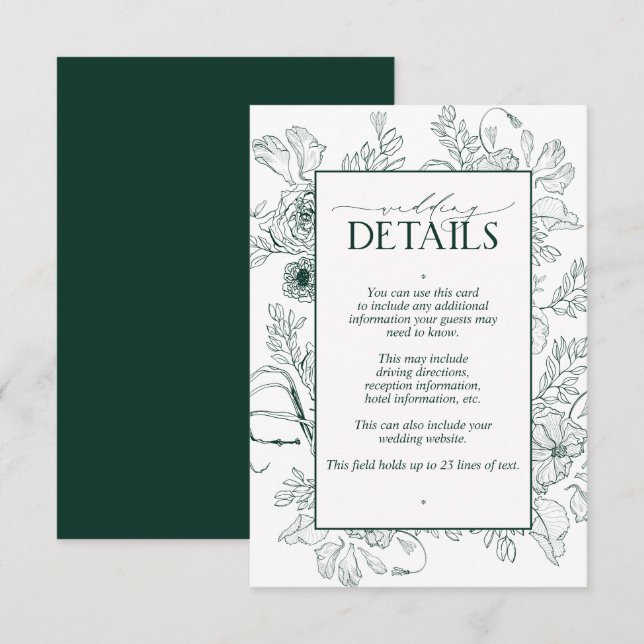 Cartão De Informações Detalhes do Casamento Floral Elegante Emerald Gree (Frente/Verso)