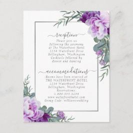 Cartão De Informações Detalhes do Casamento Floral Elegante Roxo e Prata