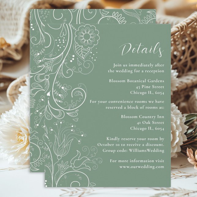 Cartão De Informações Detalhes do Casamento Floral Elegante Verde Sage (Criador carregado)