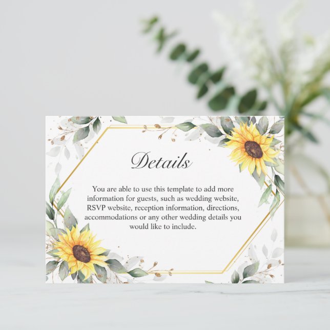 Cartão De Informações Detalhes do Casamento Floral Floral dos Girassóis  (Em pé/Frente)