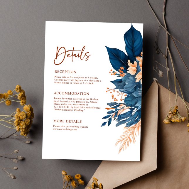 Cartão De Informações Detalhes do Casamento Floral Moderno Elegante Eleg (Navy Blue Modern Elegant Floral Wedding Details Enclosure Card)