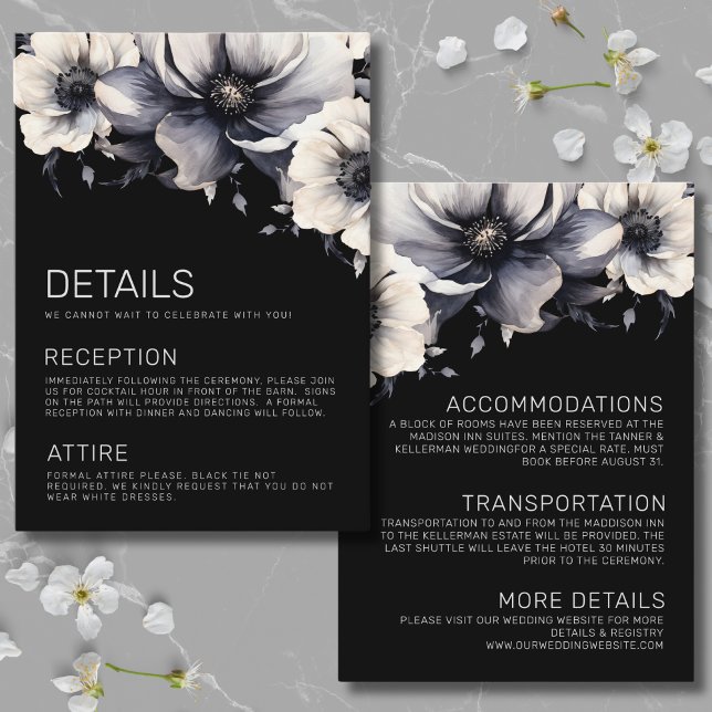 Cartão De Informações Detalhes do Casamento Floral Negro Moderno Elegant (Elegant Modern Black Floral Wedding Details Enclosure Card)