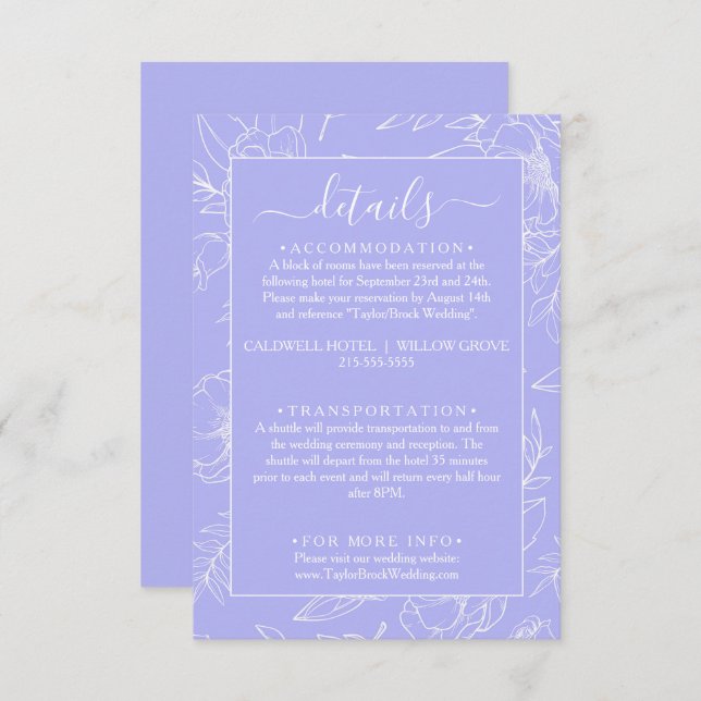 Cartão De Informações Detalhes do Casamento Floral Periwinkle Moderno (Frente/Verso)