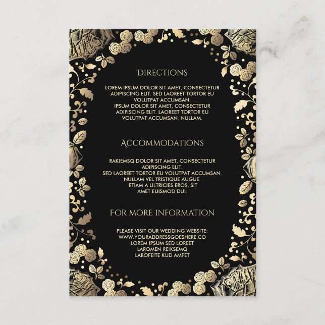 Cartão De Informações Detalhes do Casamento Floral Preto e Dourado - Inf (Frente)