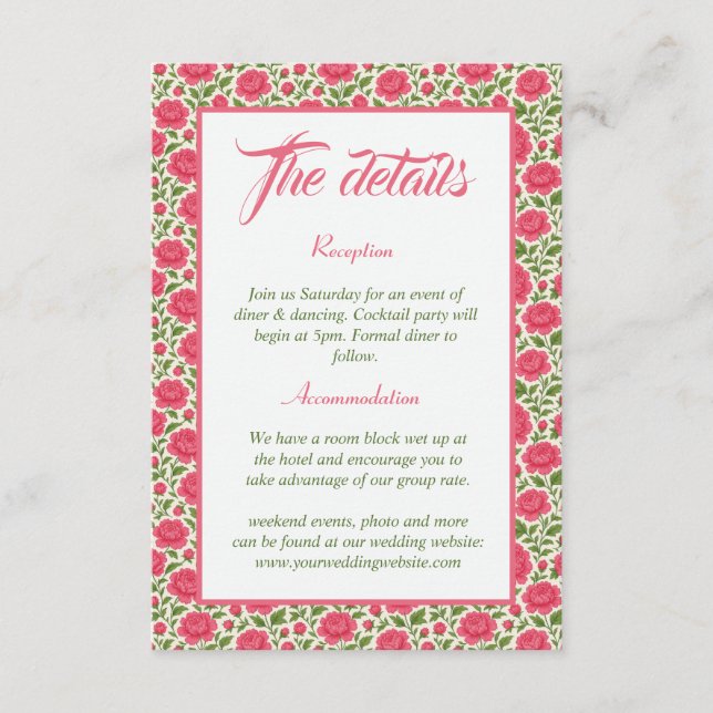 Cartão De Informações Detalhes do Casamento Floral Rosa Romântico (Frente)