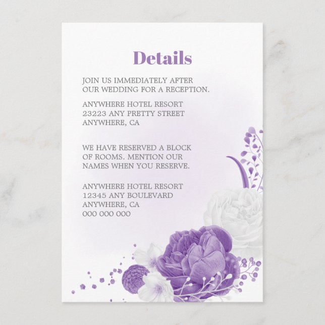 Cartão De Informações detalhes do casamento floral roxo romântico e bran (Frente)