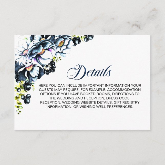 Cartão De Informações Detalhes do Casamento Floral Rustic Blue (Frente)