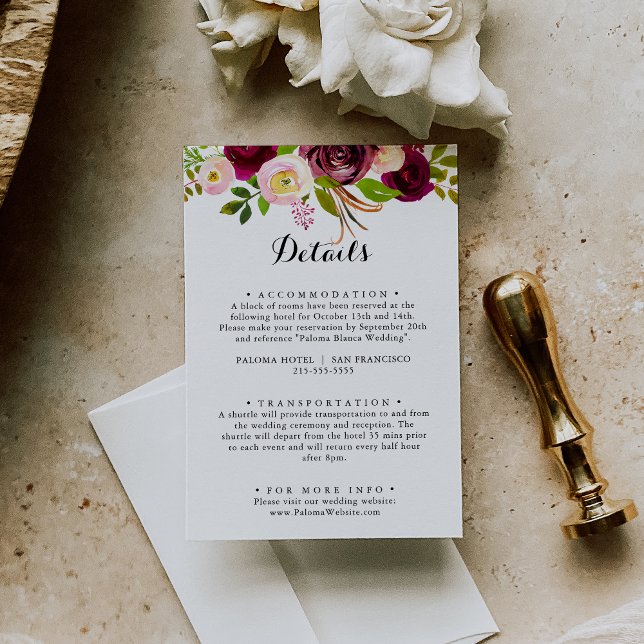 Cartão De Informações Detalhes do Casamento Floral Rustic Blush Burgundy (Criador carregado)
