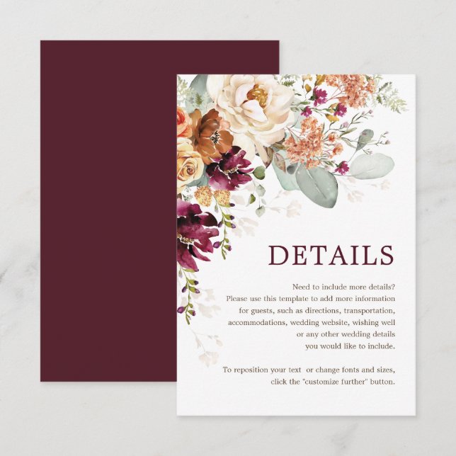 Cartão De Informações Detalhes do Casamento Floral Rustic Boho Burgundy (Frente/Verso)