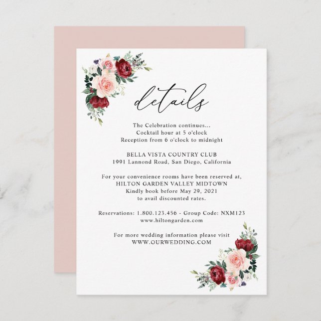 Cartão De Informações Detalhes do Casamento Floral Simples Burgundy Blus (Frente/Verso)