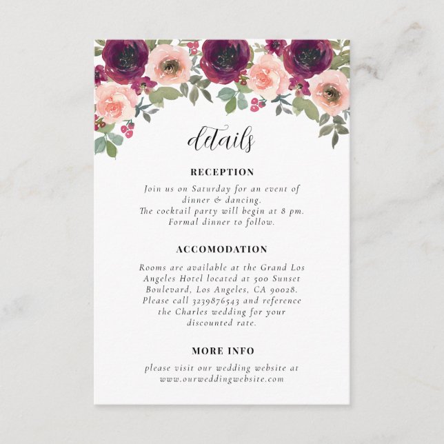 Cartão De Informações Detalhes do Casamento Floral Simples Burgundy Wate (Frente)