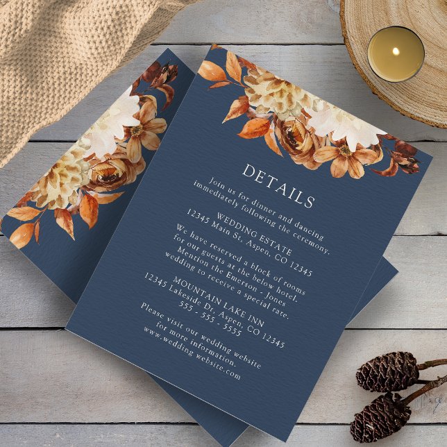 Cartão De Informações Detalhes do Casamento Floral Terracotta marinho Qu (Navy Blue Fall Terracotta Floral Wedding Details Enclosure Card by Painted Paperie
)