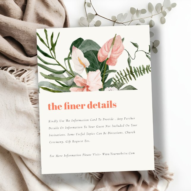 Cartão De Informações Detalhes do Casamento Floral Tropical de Peach Blu (Criador carregado)