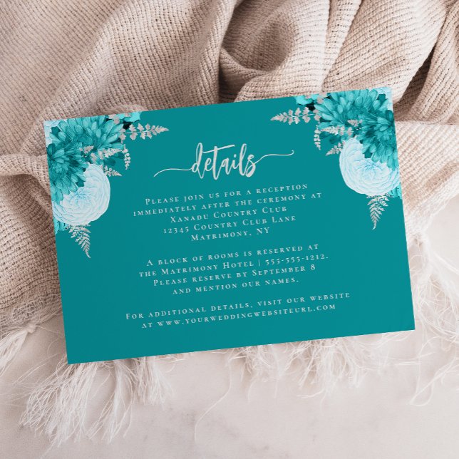 Cartão De Informações Detalhes do Casamento Floral Turquoise Silver (Criador carregado)