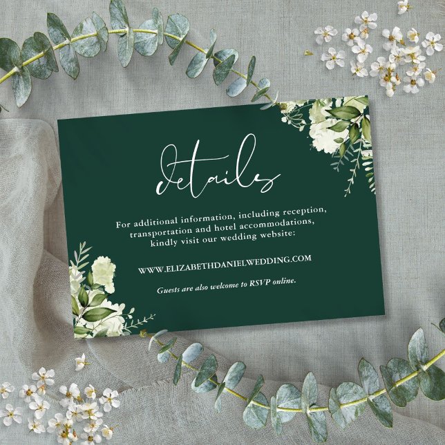 Cartão De Informações Detalhes do Casamento Floral Verde Esmeralda (Emerald Greenery Floral Wedding Details Enclosure Card)