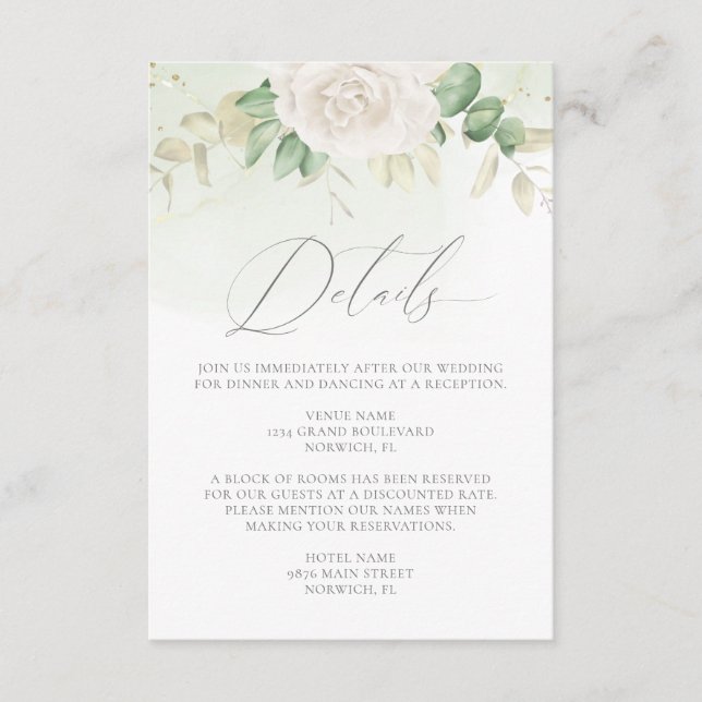 Cartão De Informações Detalhes do Casamento Floral Verde Moderno Elegant (Frente)