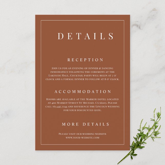 Cartão De Informações Detalhes do Casamento Formal Elegante Terracotta (Criador carregado)