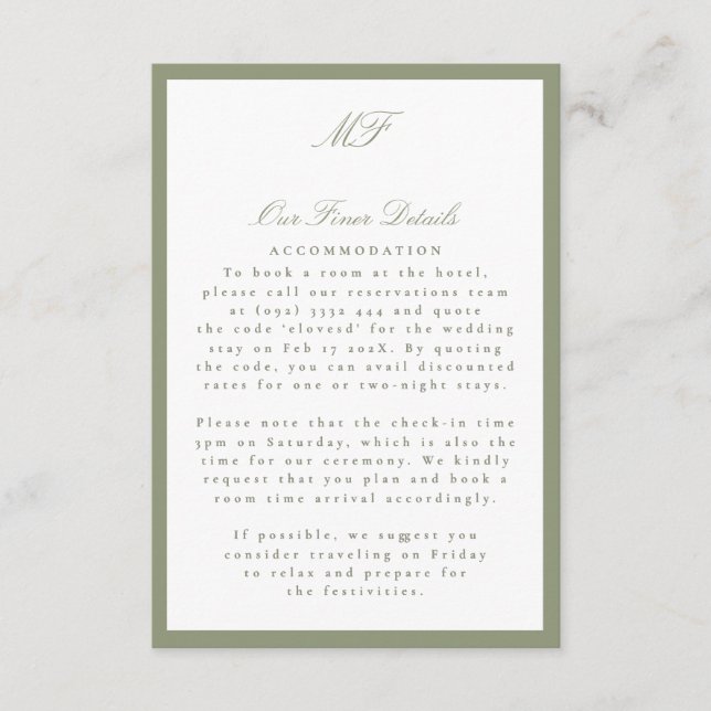 Cartão De Informações Detalhes do Casamento Formal Smoking Sage Enquadra (Frente)