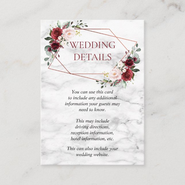 Cartão De Informações Detalhes do Casamento Geométrico da Borgonha de Co (Frente)