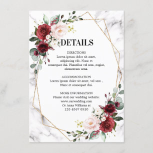 Cartão De Informações Detalhes do Casamento Geométrico de Burgundy Flora