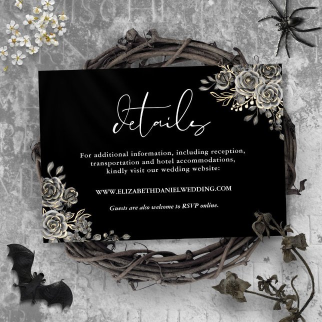 Cartão De Informações Detalhes Do Casamento Gótico Preto-E-Branco (Black And White Floral Gothic Wedding Details Enclosure Card)