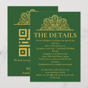 Cartão De Informações Detalhes do Casamento Indiano Mandala Verde Escuro