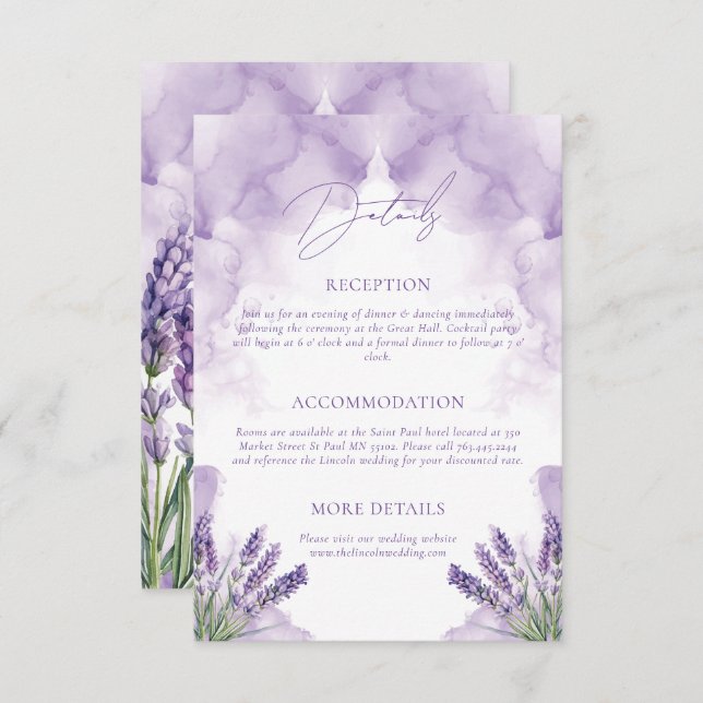 Cartão De Informações Detalhes do Casamento Jardim de Lavanda de Aquarel (Frente/Verso)