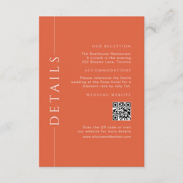 Cartão De Informações Detalhes do Casamento Laranja Moderno Inserir Códi (Frente)