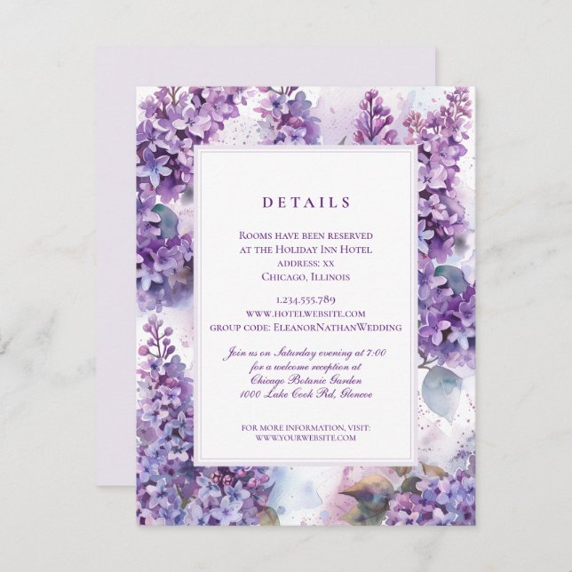 Cartão De Informações Detalhes do Casamento Lilacs Frame Primavera Summe (Frente/Verso)