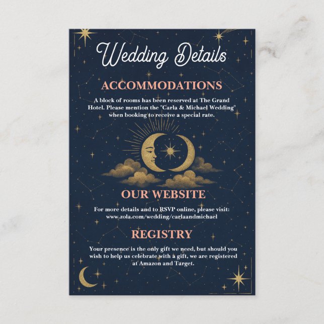 Cartão De Informações Detalhes do Casamento Lua Celestial e Estrelas Enc (Frente)