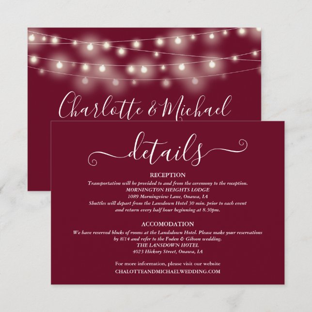 Cartão De Informações Detalhes do Casamento Luzes da Primavera Script Bu (Frente/Verso)