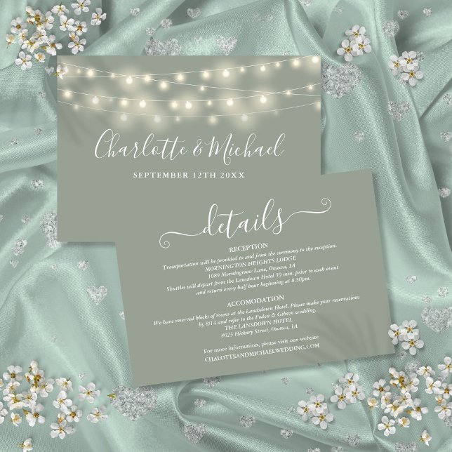 Cartão De Informações Detalhes do Casamento Luzes da Primavera Script Ve (Wedding Details Spring Lights Script Sage Green Enclosure Card)