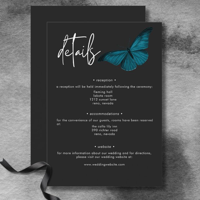 Cartão De Informações Detalhes do Casamento Mínimo de Teal Moth Escuro (Dark Moody Minimal Teal Moth Wedding Details Enclosure Card)