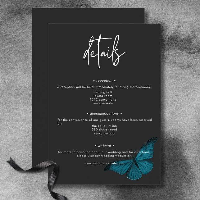 Cartão De Informações Detalhes do Casamento Mínimo de Teal Moth Escuro (Dark Moody Minimal Teal Moth Wedding Details Enclosure Card)