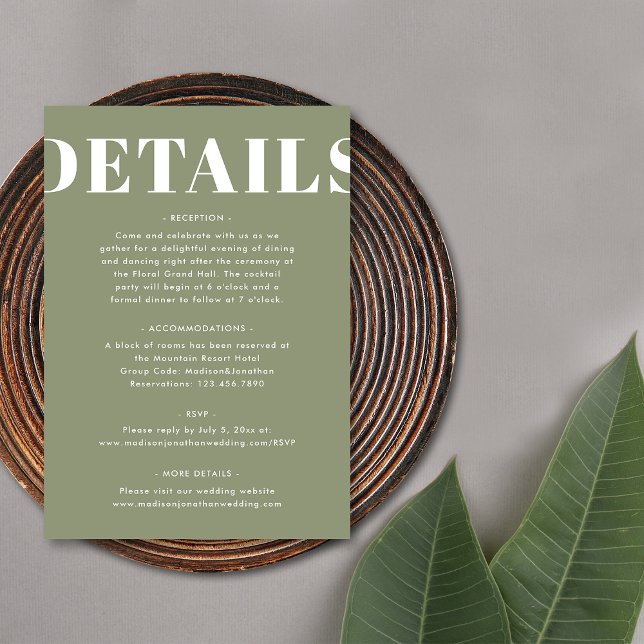 Cartão De Informações Detalhes do Casamento Moderno de Bold Verde Simple (Front)