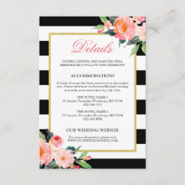 Cartão De Informações Detalhes do Casamento Moderno Floral Listras Preta