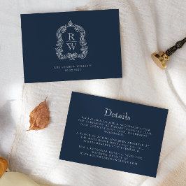 Cartão De Informações Detalhes do Casamento Monograma Crest Azul Marinho