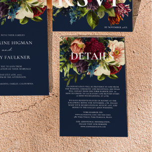 Cartão De Informações Detalhes do Casamento Moody Floral Burgundy e Mari